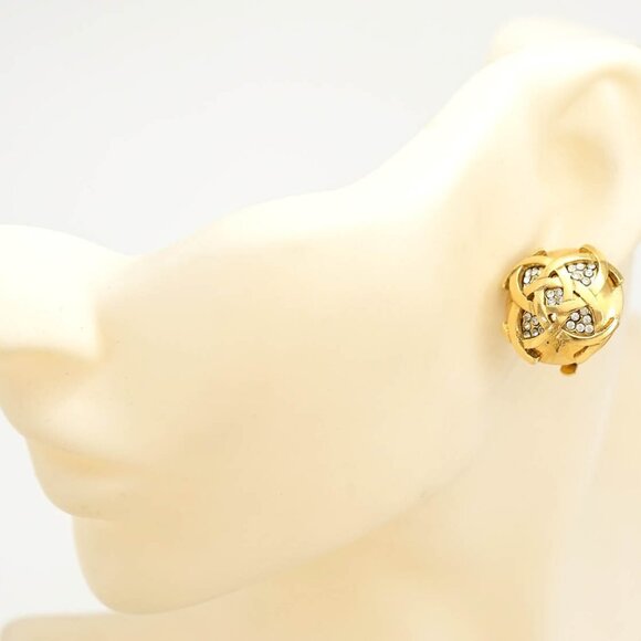 CHANEL CC Logos Rhinestone Round Clip-On Earrings Gold Tone 23 Auth w/Box q11447 - Picture 8 of 16